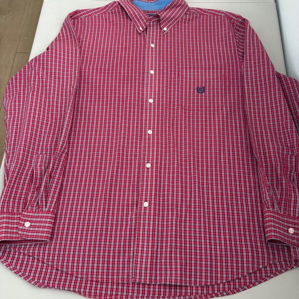 Chaps‎ Mens XXL Red Plaid Button Down Shirt Easy Care Long Sleeve Cotton Blend